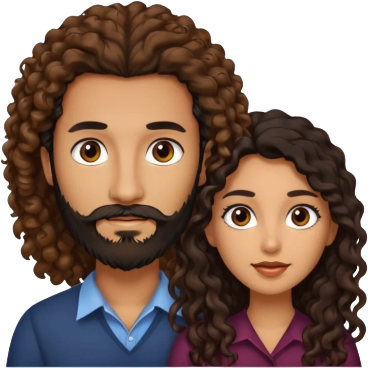 pareja de Mujer morena rizada cabello largo castaño ojos oscuros y hombre piel clara cabello negro con barba  y ojos marron emoji