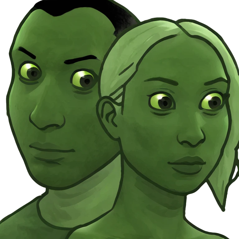 white woman with blue eyes and blonde curly hair standing next to a black man with brown eyes and short black curly hair emoji