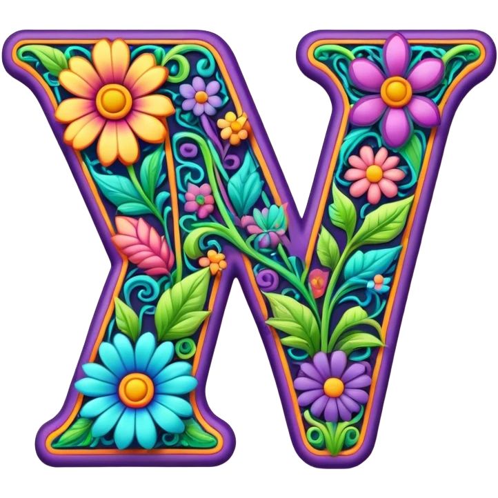 3D, gothic style psychedelic colored Letter V with hippie style flower border emoji