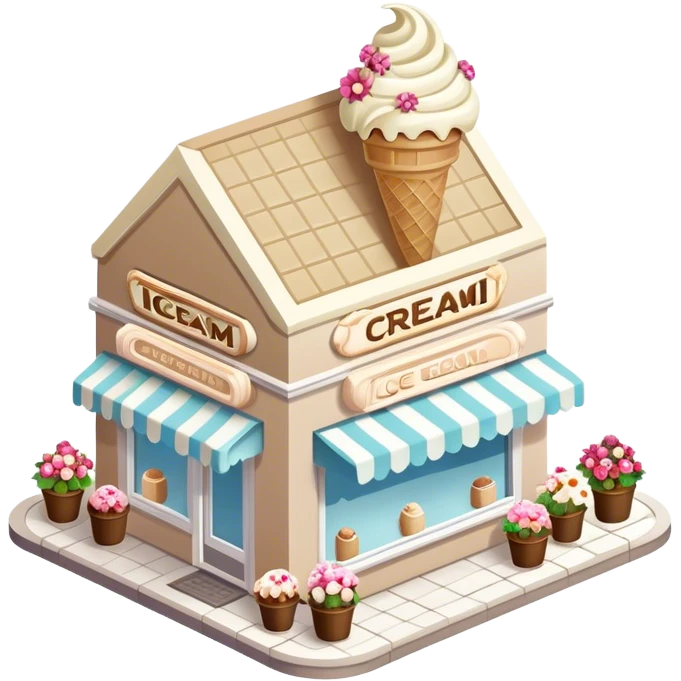 isometric exterior view of a beige and white ice cream shop adorned with abundant florals emoji