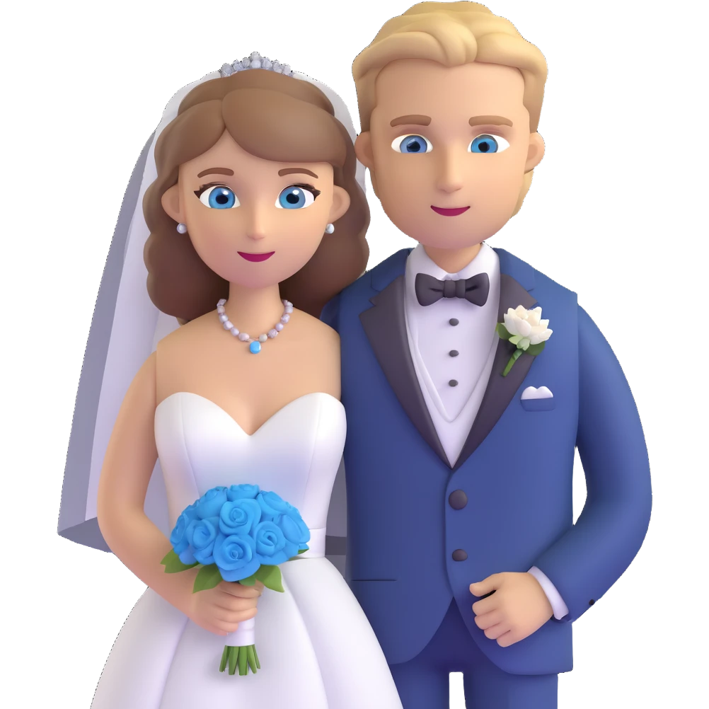 portrait of a bride with light brown hair and grey-blue eyes, and a groom with blonde hair, blue eyes, wearing a brown suit emoji