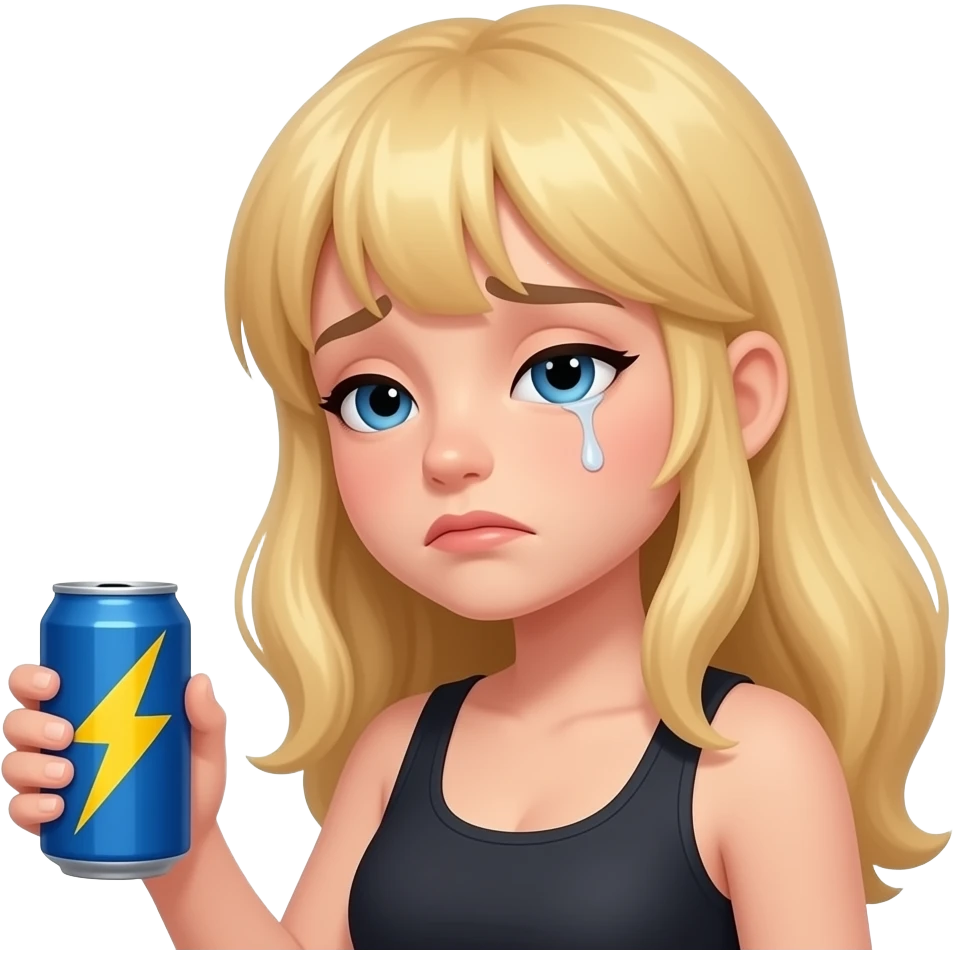 Blonde girl with energy drink looks super tired emoji
