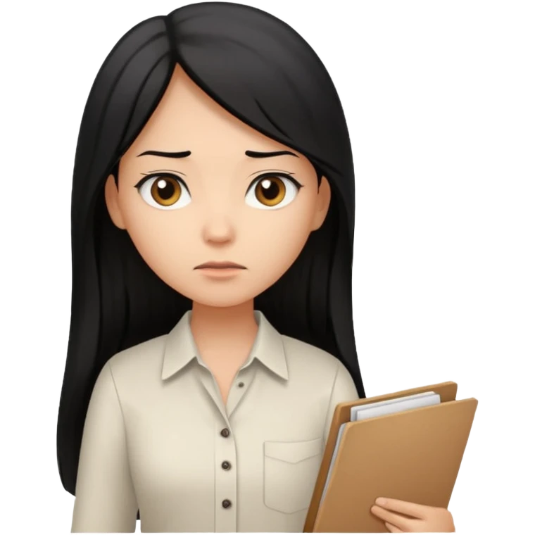 a light tan woman with long black hair past mid-back, round brown eyes, white button up v shirt, and manila folder in her hands. emoji