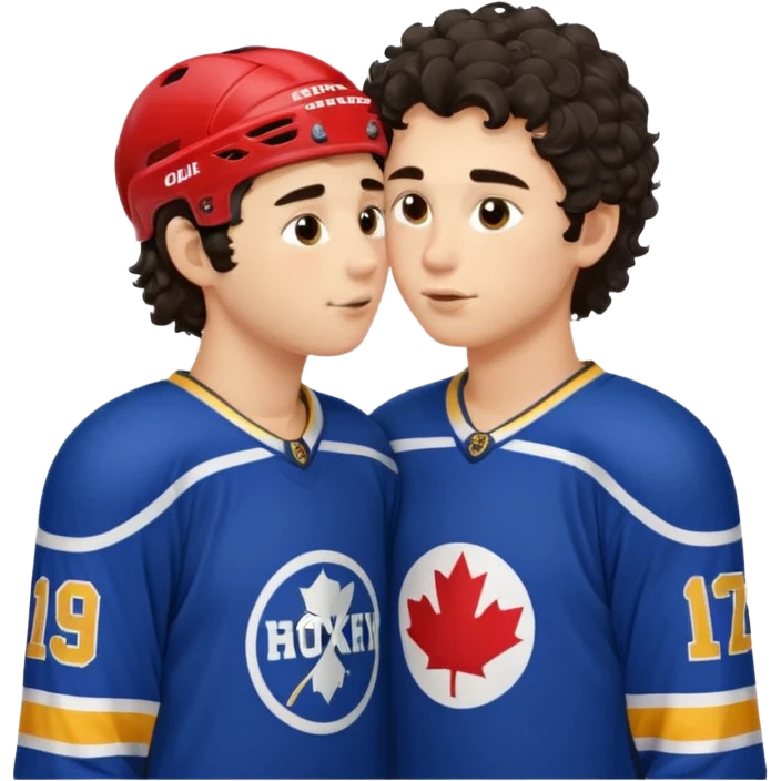 Dark hair boy hockey player kissing curly hair blonde hockey player boy emoji