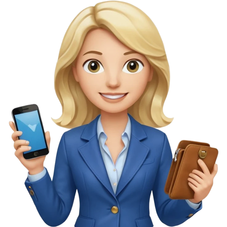 Confident and outgoing female entrepreneur, Caucasian features, medium-length wavy blonde hair, big friendly smile, expressive eyes, wearing a fitted blue blazer over a light blouse, holding a smartphone in one hand and a leather handbag in the other, waist-up, front-facing emoji