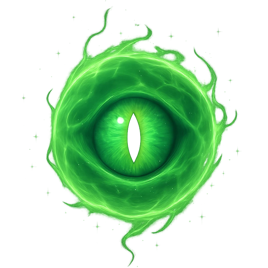 a glowing green energy orb with a prominent eye in the center, magical and mysterious emoji
