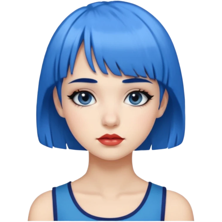 girl with blue hair and short bangs having blue eyeshadow black big eyelashes and natural lips emoji