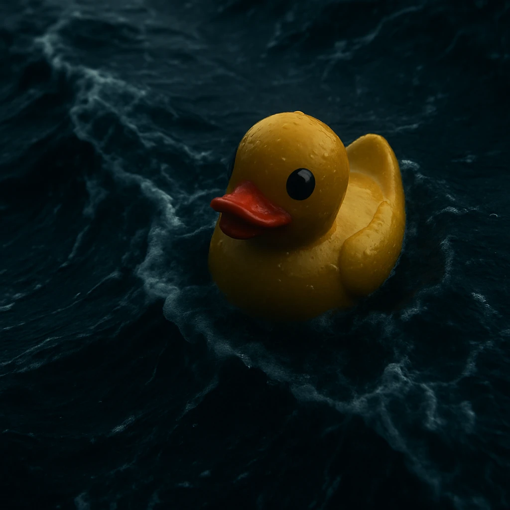 Cinematic still, Extreme Closeup shot of Yellow duck toy on ocean during storm, Camera from top, inspired by interstellar emoji