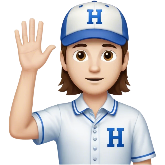 White Man with mid-length brown hair wearing blue baseball hat with the letter H on it. Hand waving. He is wearing a collared white dress shirt with nothing on it.  There should be no H on the shirt.  emoji