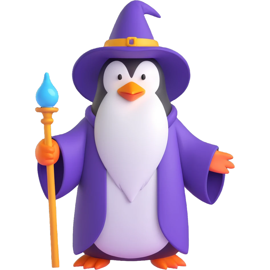 penguin wizard with a long beard and robe emoji