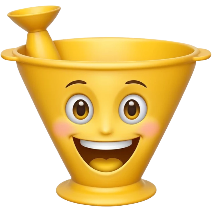 Crazy laughing emoji on upside-down kitchen funnel on its head (not a hat), wide smile, big eyes, cartoon emoji style, bright colors. emoji