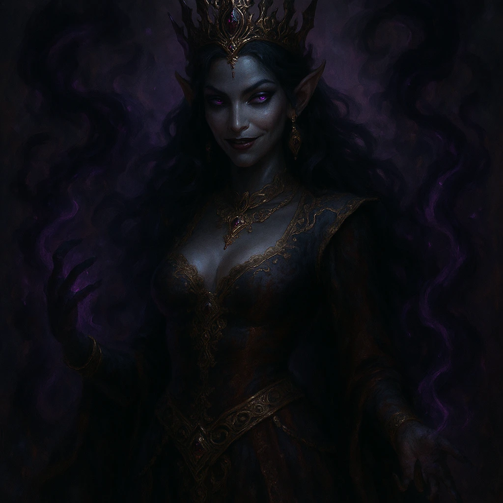 a beautiful but evil jinn queen, dark magical energy, ornate crown, sly smile, luxurious attire, fantasy illustration emoji