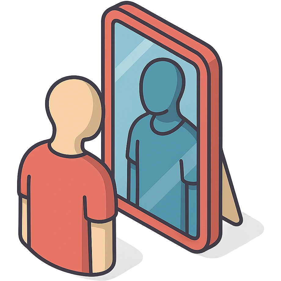 A mirror where the reflected body differs in color or shape, emphasizing inner emotional experiences. Style: 2D Isometric with clear shadows and highlights, transparent background. emoji
