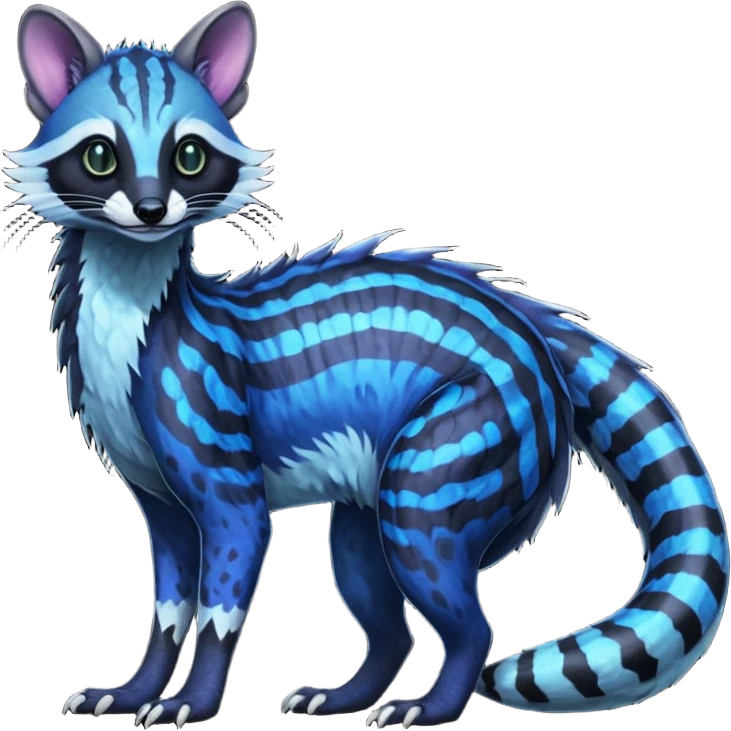 Feral Rare Fantasy iridescent scaly evil spooky vibrant dark shady shaded detailed deep-dark-cobalt-blue-gradients-colored colorful Vernid-Sergal-Genet-Trico-Civet-species by LiLaiRa, with dark-blackish points, white belly, random markings, tufted tail, tufted ears, full body emoji