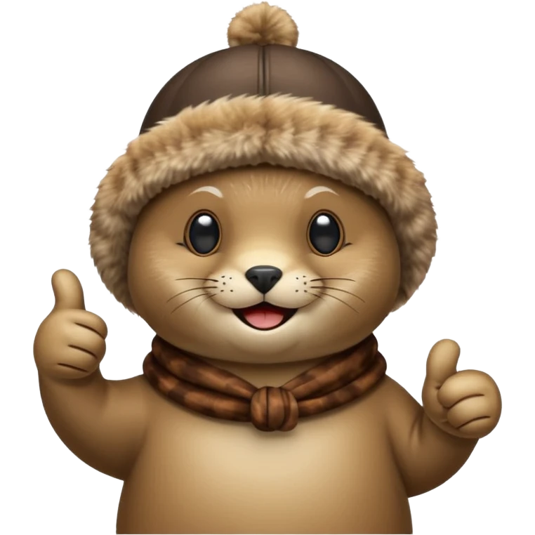 a seal wearing a propeller hat with his thumbs up emoji