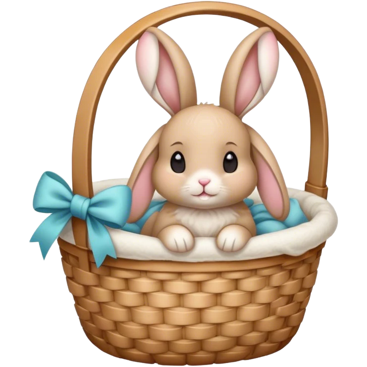 Floppy-eared bunny with a bow cozy in basket emoji