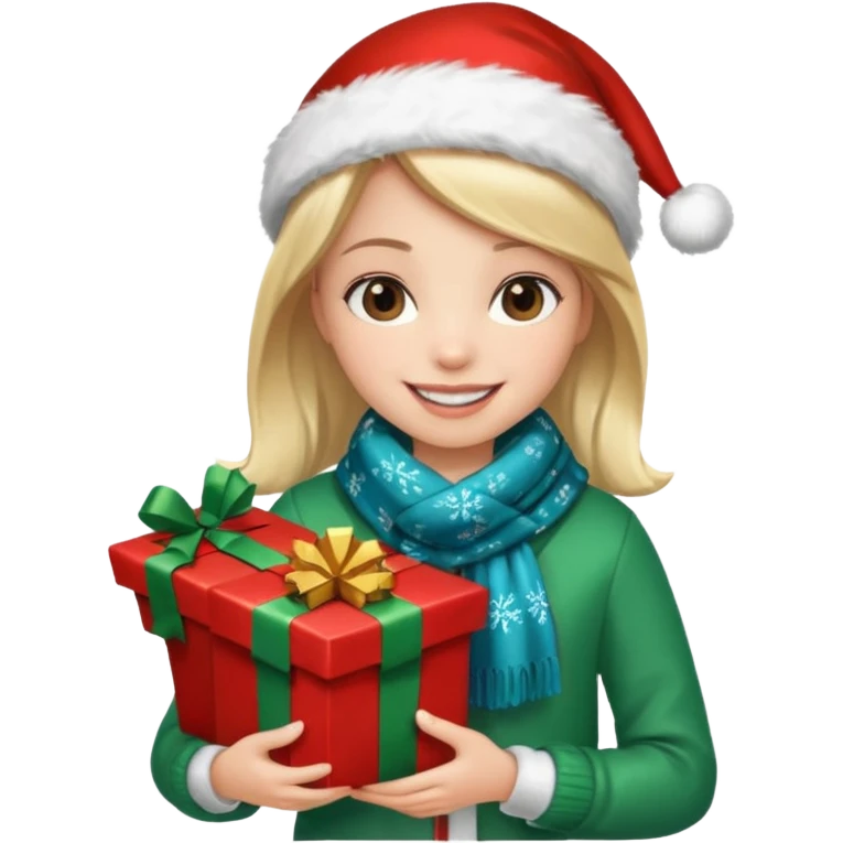 a girl wearing a chirstmas jacket and scarf and holding a christmas gift emoji
