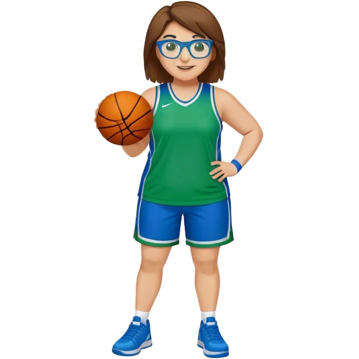 Full Body plus size white female basketball player with short medium brown hair with carmel highlights spike hair wearing blue glasses 
 wide nose wearing blue green uniform  green sneakers smiling  emoji