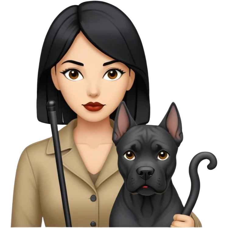 Stylish woman with long black hair and a black Cane Corso dog with cropped ears emoji