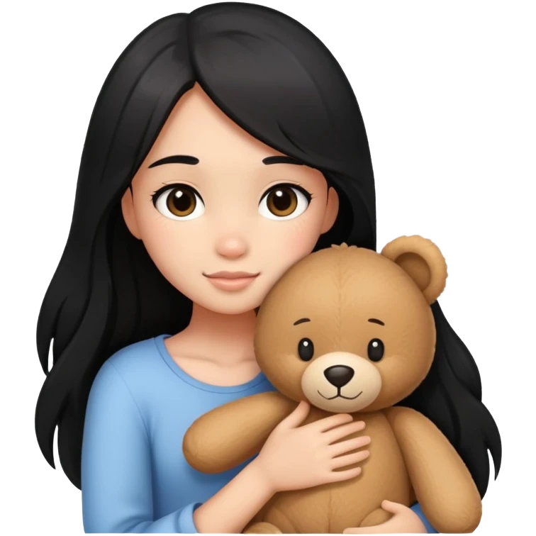 black-long hair girl hugs a teddy bear emoji