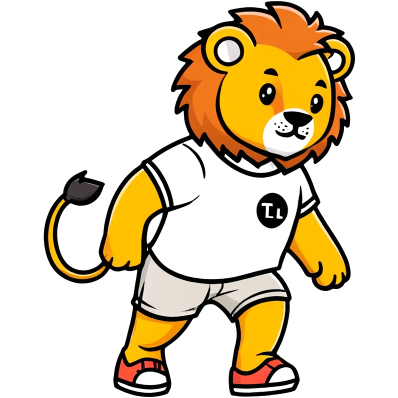retro 1930s anthropomorphised lion in a t-shirt and shorts walking, black and white emoji