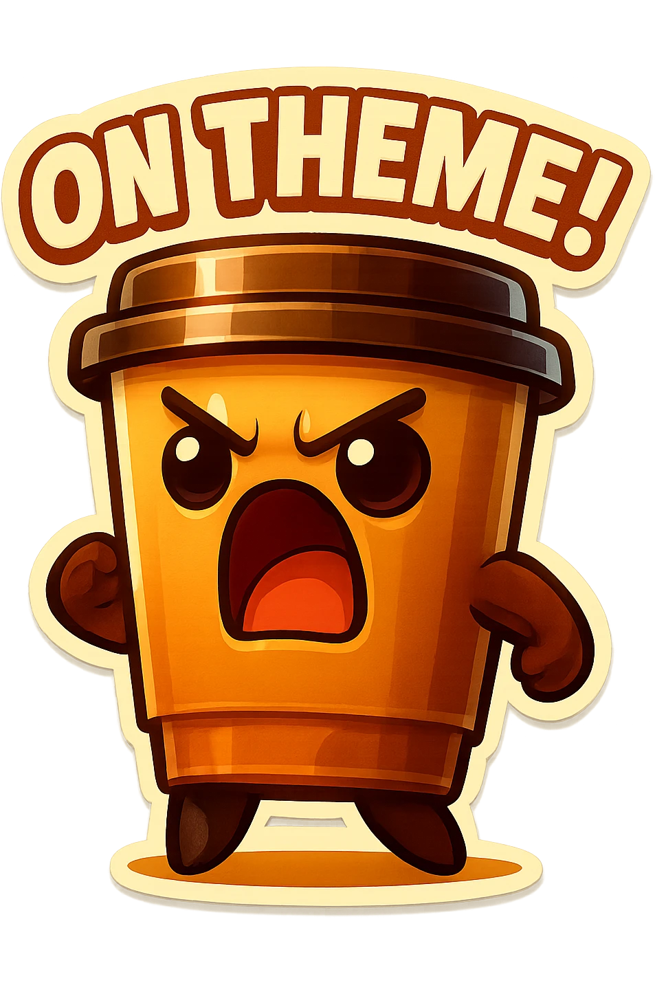 Tall coffee cup, eyebrow furrow, yelling "ON THEME!" emoji