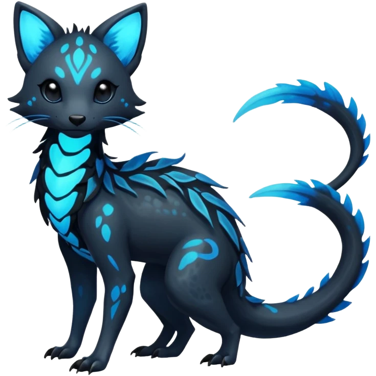 Rare realistic dark black with glowing blue bioluminescent edgy badass epic pretty beautiful handsome gorgeous aesthetic colorful vibrant Vernid-Trico-species-Fakemon-creature by LiLaiRa, 4 legs, 1 tail, random markings, (full body) emoji