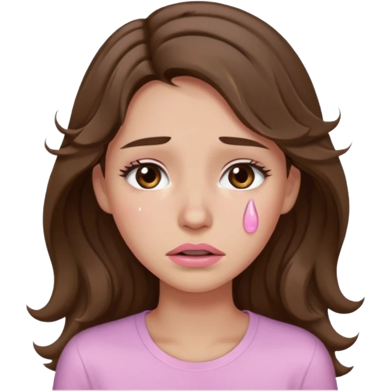 girl with wavy long brown hair, brown eyes, light to medium complexion, long lashes, light pink lipstick, wearing light pink shirt, weeping with big tears emoji