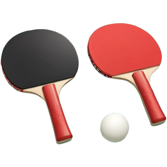 Two table tennis paddles and a ball placed on a ping pong table, with the net in the background. The scene conveys the simplicity and focus of the sport, with vibrant colors highlighting the rackets and ball on the smooth surface of the table. emoji