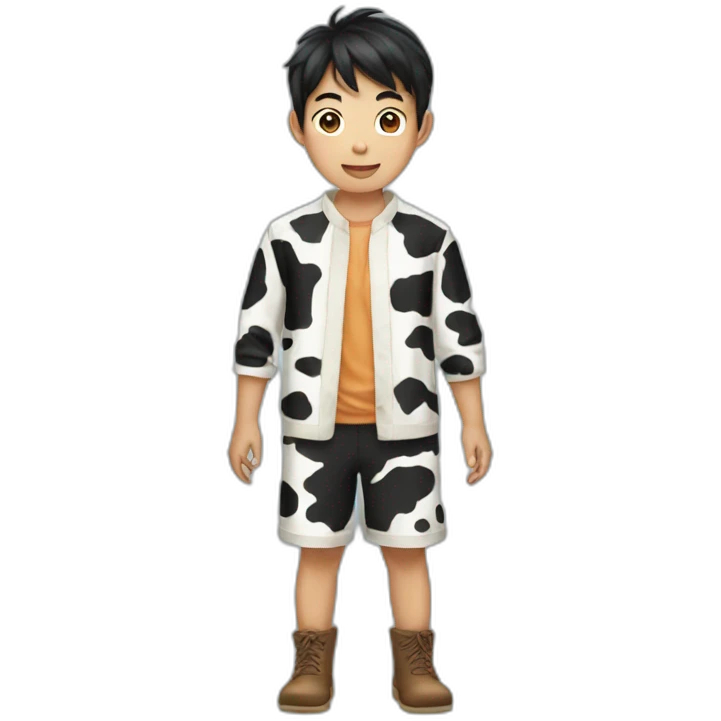 a Asian boy dress like a cow emoji