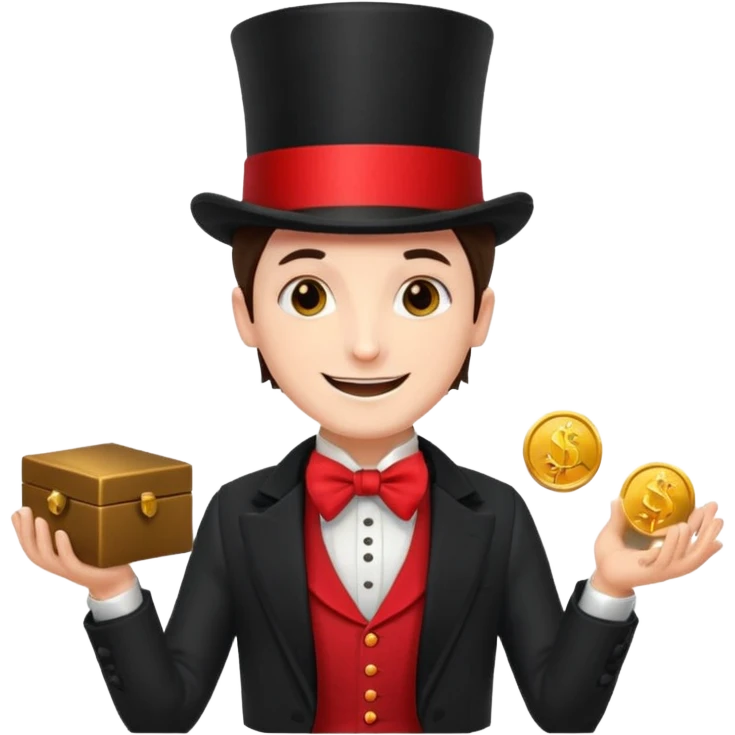 Magician with top hat,Street Performers,background street setup, with coins box. emoji