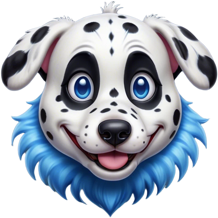 Cinematic Comical Harlequin Dalmatian Portrait Emoji, Head tilted dramatically with an exaggeratedly shocked or amused expression, featuring a striking Fur of predominantly white with vivid black patches, wide, expressive blue eyes filled with playful disbelief, Simplified yet hilariously expressive features, highly detailed, glowing with a slightly sassy glow, high shine, dramatic yet playful, stylized with an air of cheeky charm, bright and endearing, soft glowing outline, capturing the essence of a spirited and over-the-top guardian, so meme-worthy it feels like it could side-eye its way into internet fame instantly! emoji