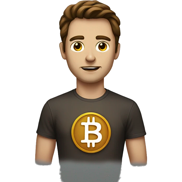 A man with laser eyes, brown hair, with a bitcoin badge on tshirt emoji