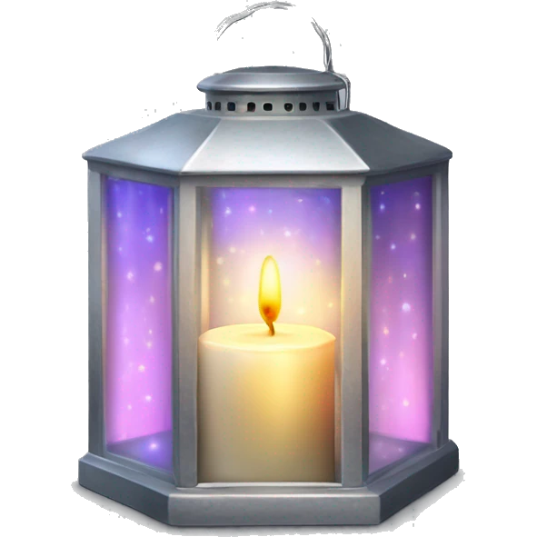 Realistic holographic silver metallic glass  latern with lit candle inside. emoji