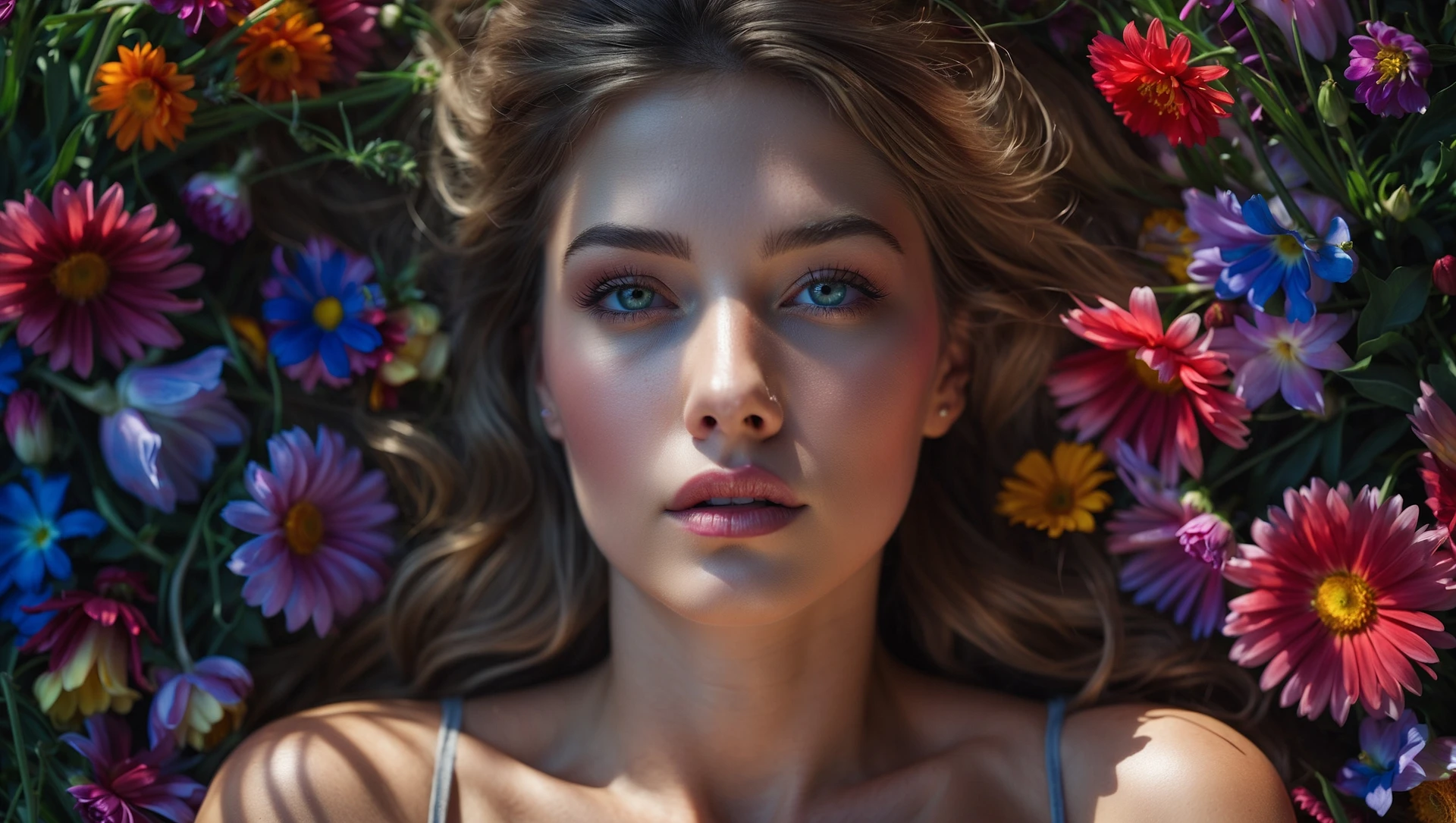 Camera drom top, Extreme Closeup photo of a beautifull woman lay around beautifull colorfull flowers, cinematic light, 8K, very detailed, sharp emoji