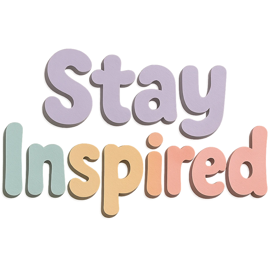 "Stay Inspired" soft pastel rainbow puffy bold font, kawaii hand lettering, no outline, transparent background emoji