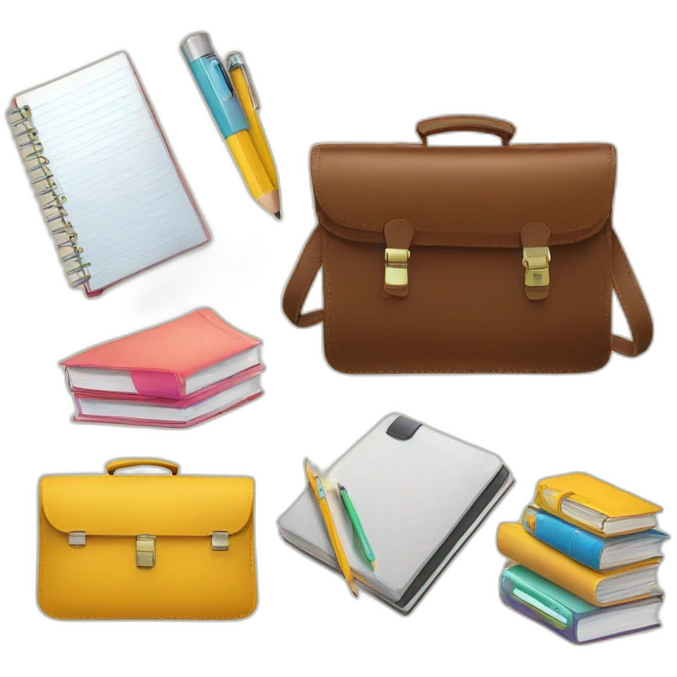 School things in a briefcase. Books, notebooks, pencil case emoji