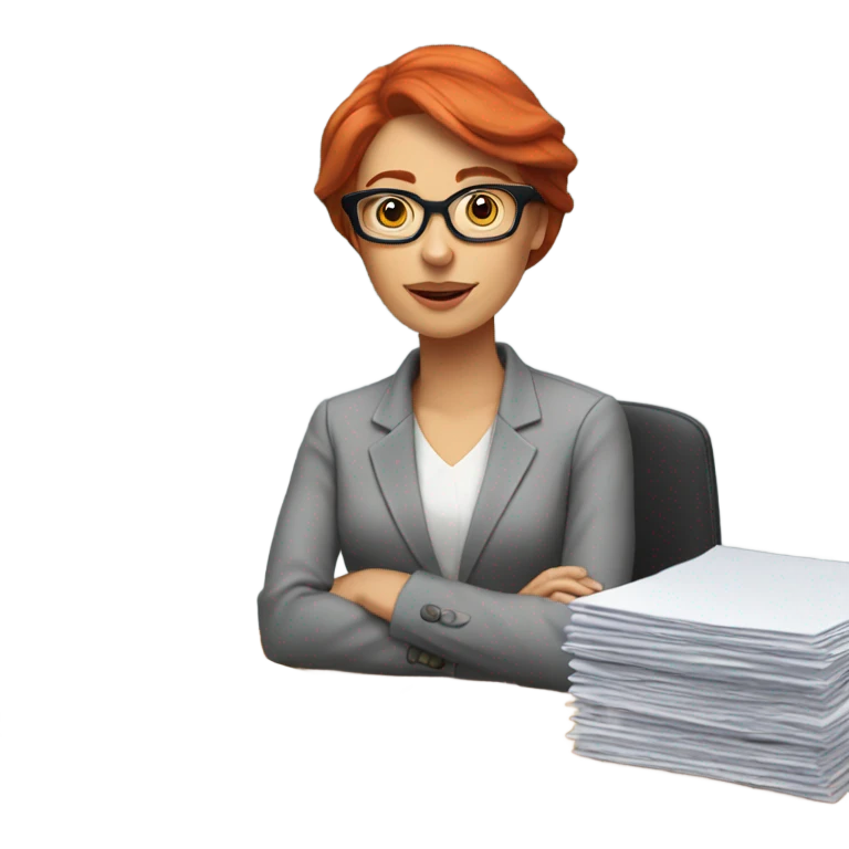 red hair woman wearing glasses desk monitor stack paper emoji