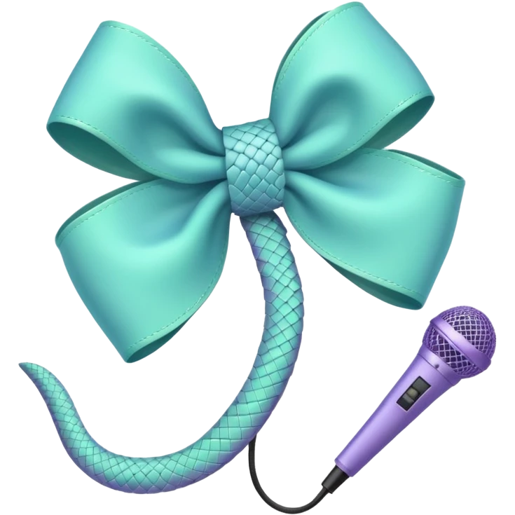 A pastel blue bow with a pastel a pastel green snake at the top of one side and a pastel purple microphone on the bottom of the other side of the bow emoji