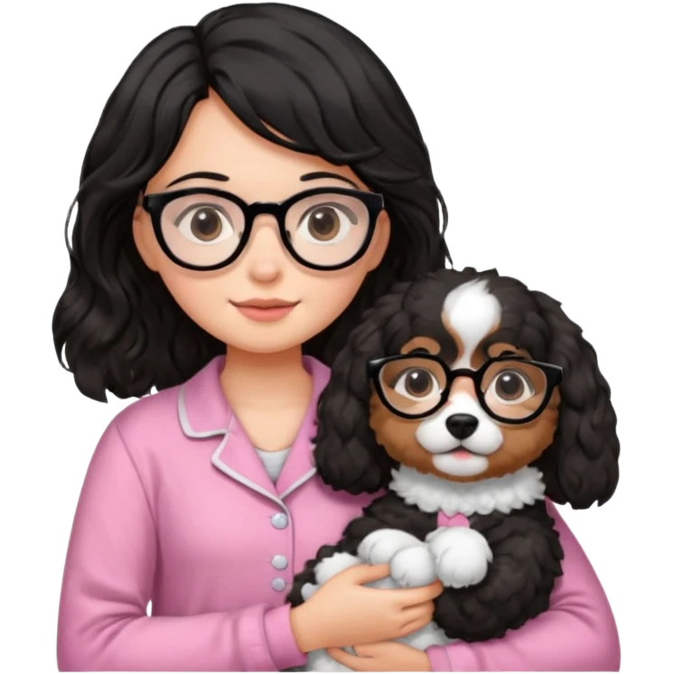 soft wavy black haired girl wearing black framed glasses in a pink pjs while holding her fluffy dog emoji