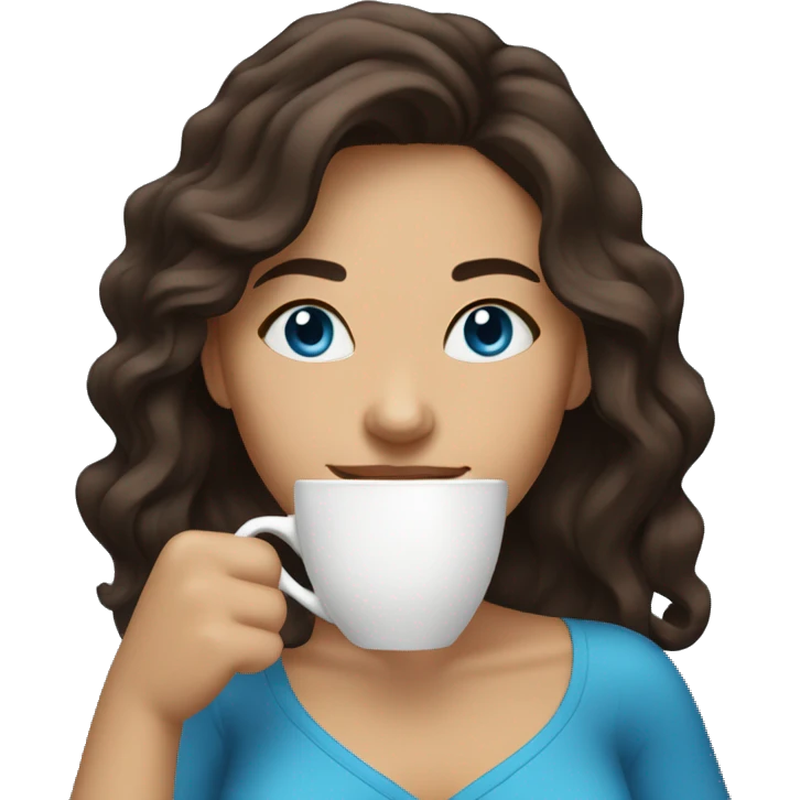 smiling woman with dark brown shoulder length wavy hair and blue eyes drinking coffee emoji