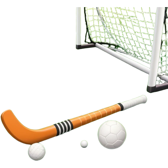 A field hockey stick and ball resting on a well-maintained green grass field, with the goalposts and markings visible in the background. The scene highlights the precision and focus of the sport, with the vibrant green pitch creating a dynamic atmosphere. emoji