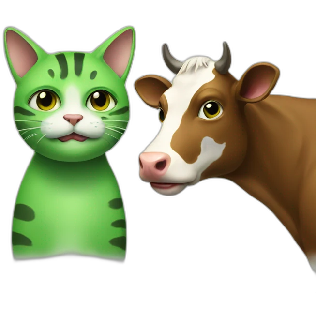 a green cat kidding with a cow emoji