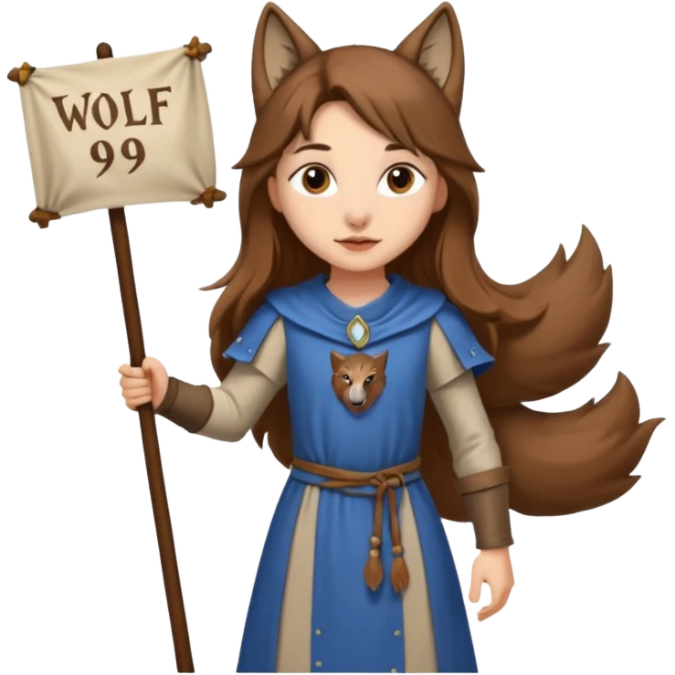 Medieval wolf girl holding a banner that say #Wolf99 emoji