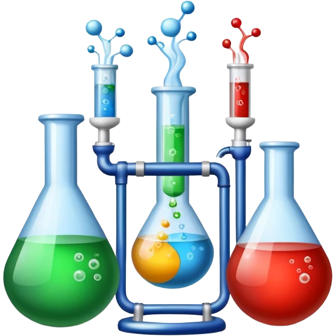 An icon featuring chemical flasks with tubes, representing hydrolysis, along with liquids, powders, and chemical formulas. The design includes molecules and reaction symbols, symbolizing the study of chemical processes and compounds. Transparent background highlights the science of reactions. emoji