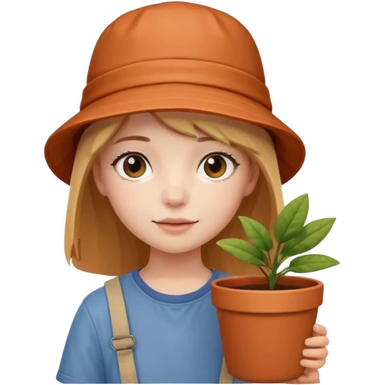 young girl wearing bucket hat, holding a plant pot emoji