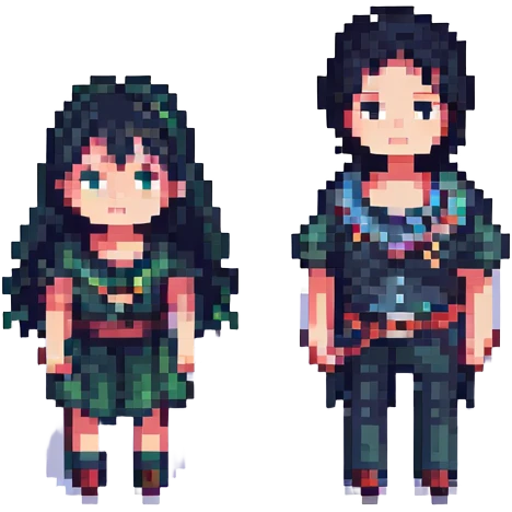 two kids, a boy and a girl, both with black hair, pixel art style emoji