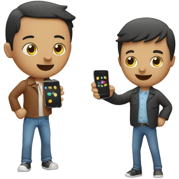 two friends with smartphone showing charts emoji