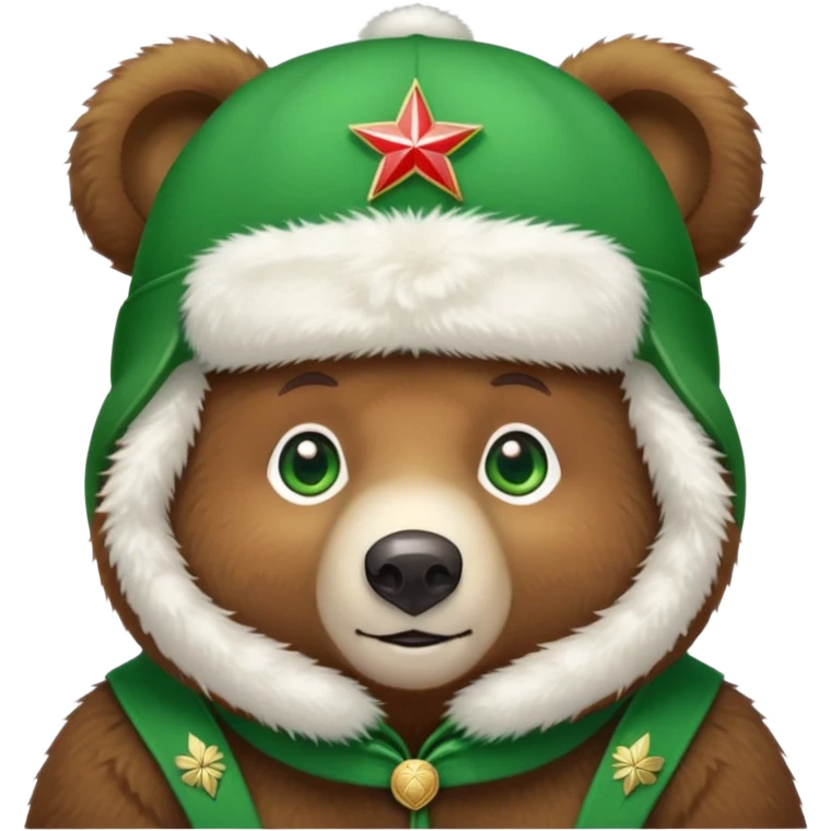 Cute brown bear with bright green eyes wearing a white fluffy Russian ushanka hat with clear Russian Federation emblem in the middle, iOS emoji style emoji