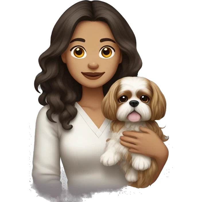 Young dark brunette medium kin hair woman with a golden shih tzu in her arms long wavy hair emoji